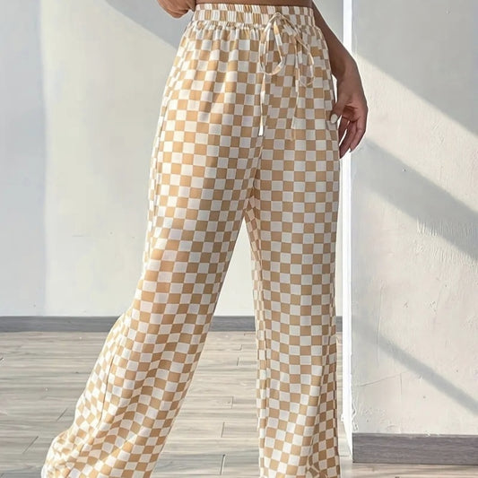 Ladies' Checkerboard Printed Drawstring High Waisted Wide Leg Pants