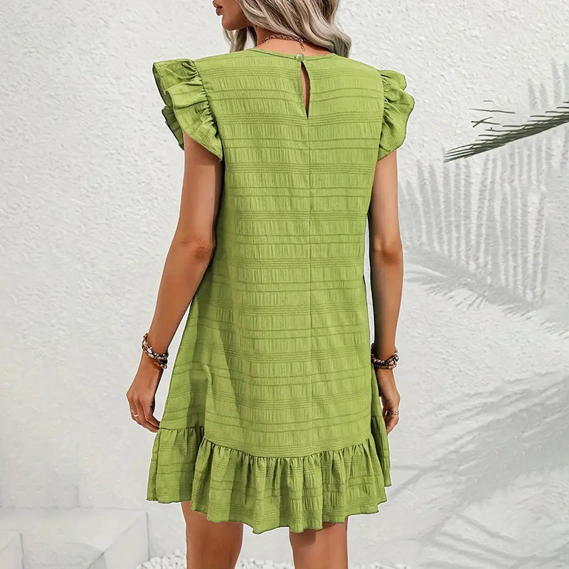 Womens Plus Size Round Neck Solid Dress Falbala Sleeveless Ruffled Summer Dress With Pleated Detail