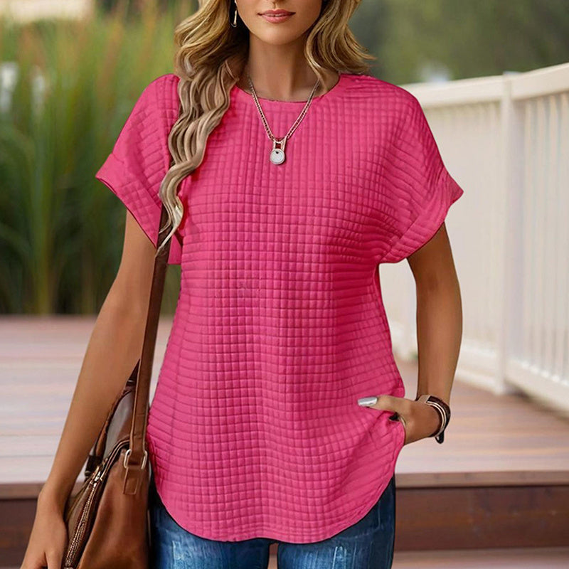 Women's Solid Color Round Neck Short Sleeve Top - Textured Cuff Detail Comfortable Summer Casual Tee