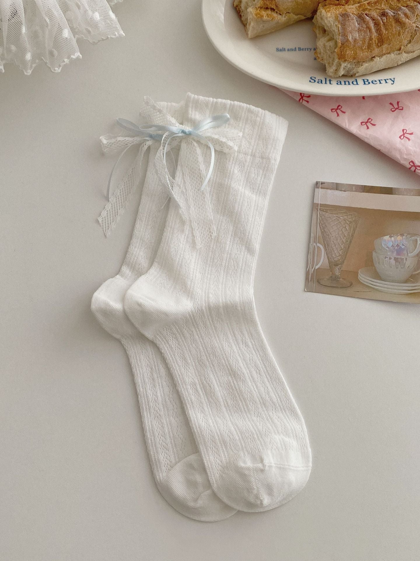 Summer Thin Boneless Ballet Style Ins Japanese Girl Lace Bow Ribbon Socks Women's Mid Tube Stockings