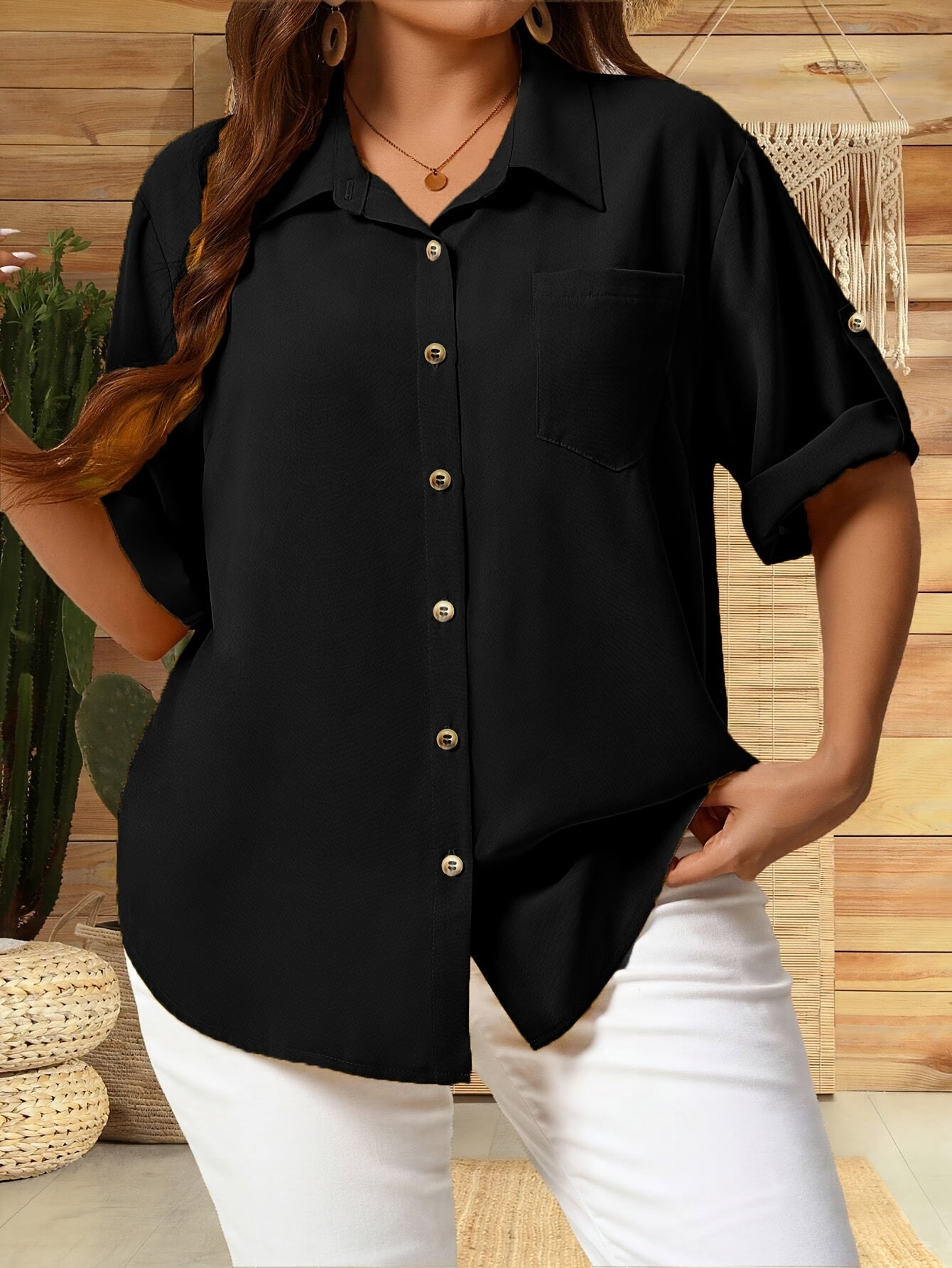 Women's Plus Size Button-Front Collar Shirt - Spring And Summer Casual Short-Sleeve Blouse & Plus Size Apparel