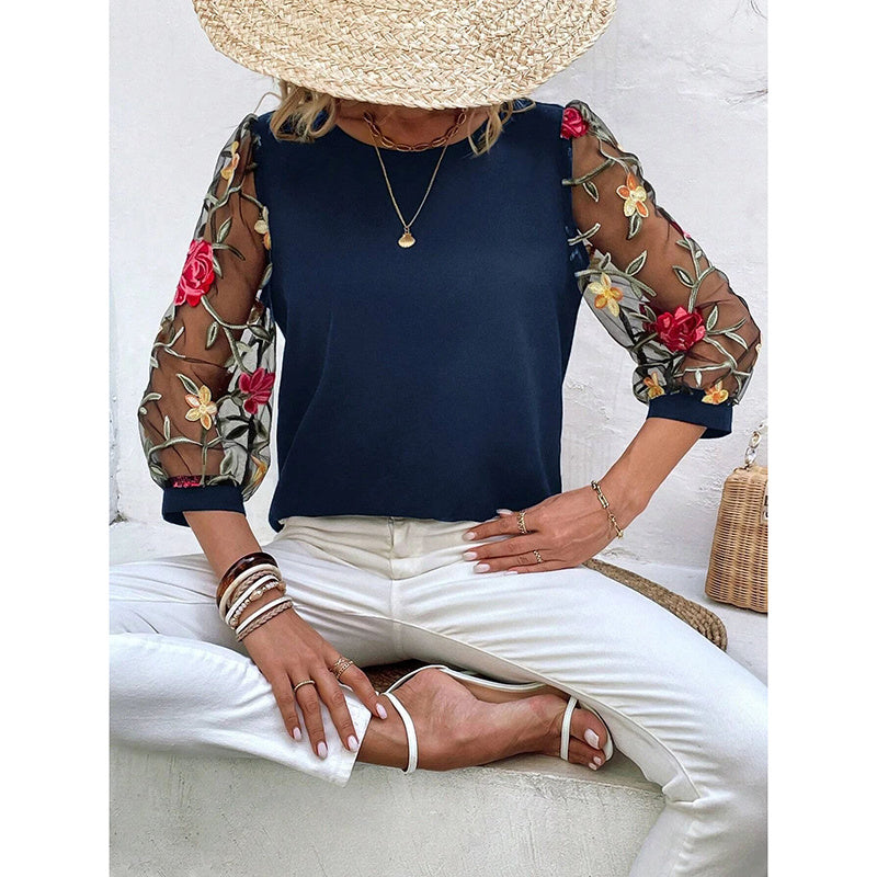 Women's Floral Embroidery Contrast Mesh Puff Sleeve Crew Neck Tee Shirt Tops