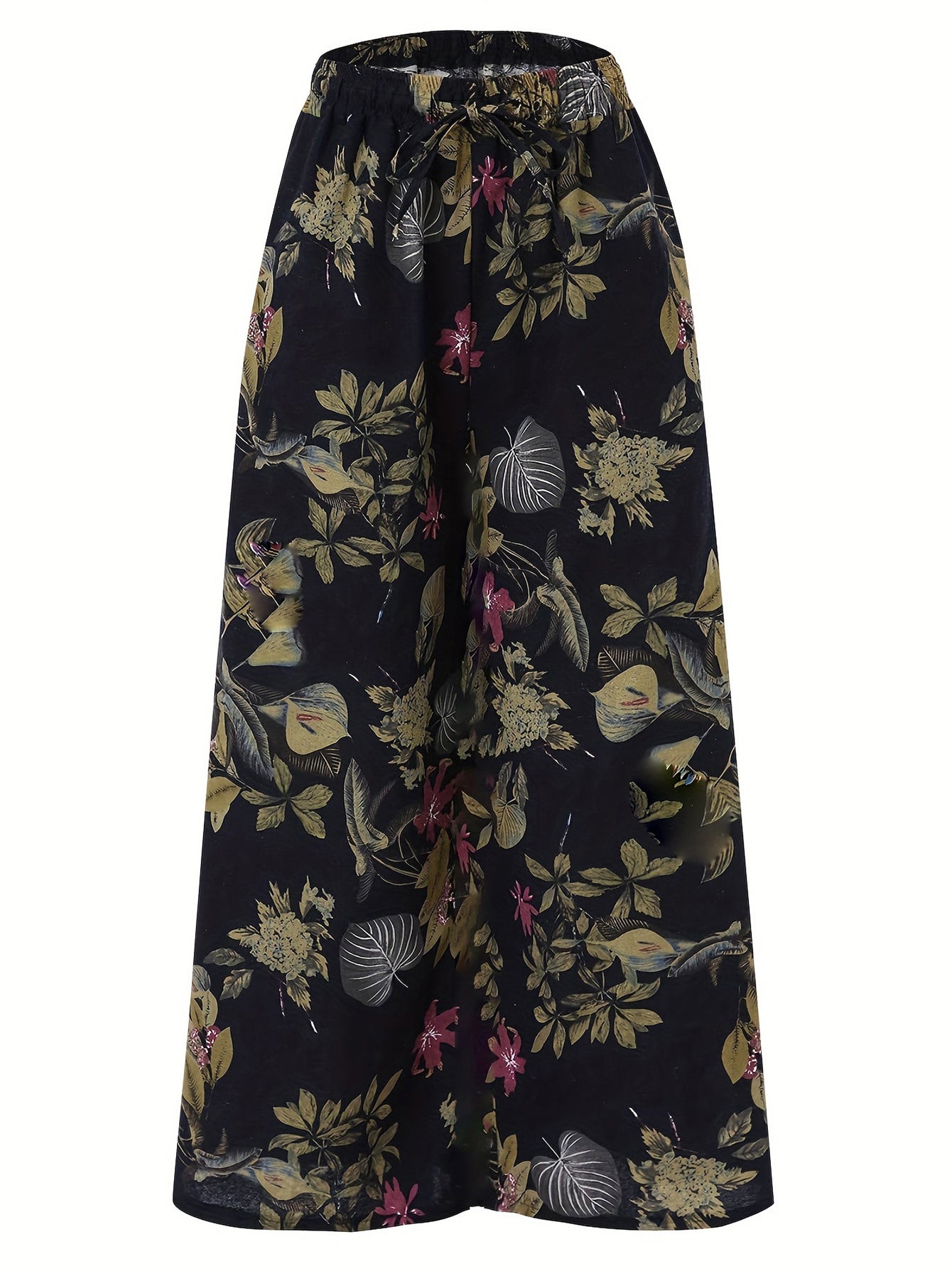 Plus Size Botanical Print Tie Women'S Casual Waisted Loose Wide Leg Pants
