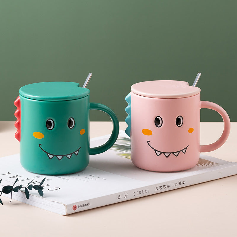 Cute Cartoon Dinosaur Ceramic Cup With Lid Spoon