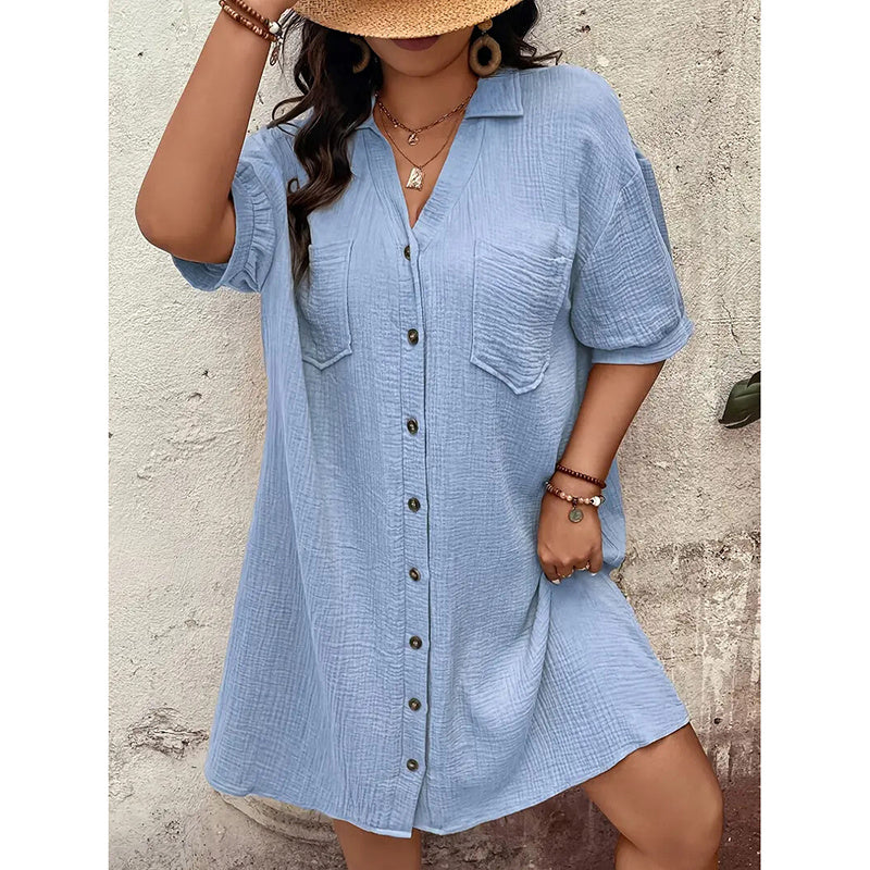 Womens Cotton Shirt Dress Summer Casual Short Sleeve Button Down V Neck Loose Mini Dress With Pockets