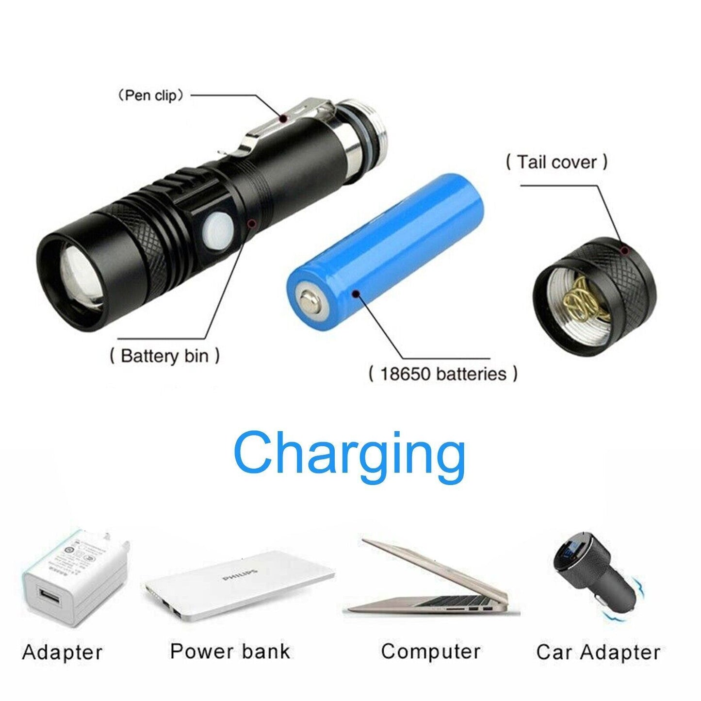 2 Pack LED Taschenlampe Aufladbar USB Super Hell Taktisches Fackel Lumen Akku