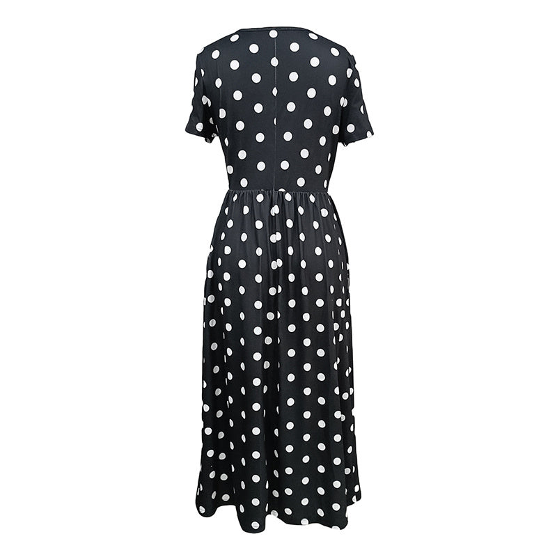 Women's Summer Short Sleeve Polka Dot Print Long Dresses Casual Beach Sundress With Pockets