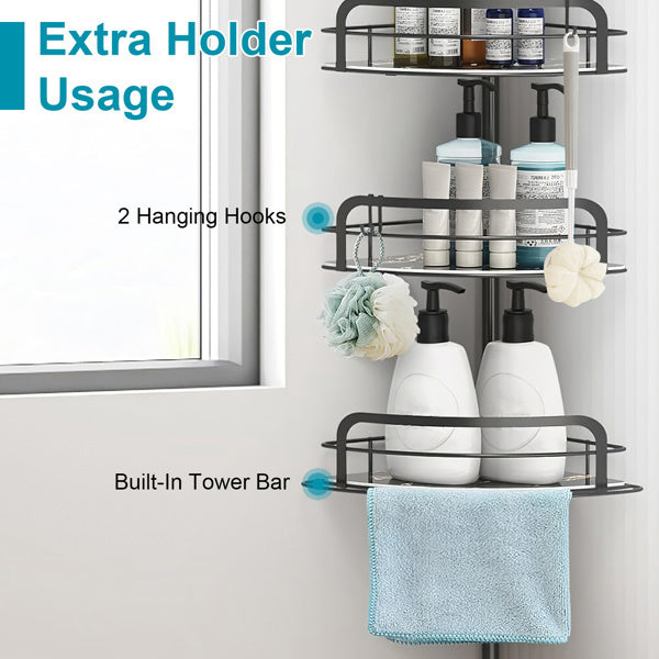 Corner Shower Caddy Tension Pole, Quick Setup, Rust-Free Bathroom Shower Organizer Corner For Bathtub Shampoo Storage, 4-Tier Adjustable Shelf, Drill Free, Fits 8.66 To 116 Inch Height, Black