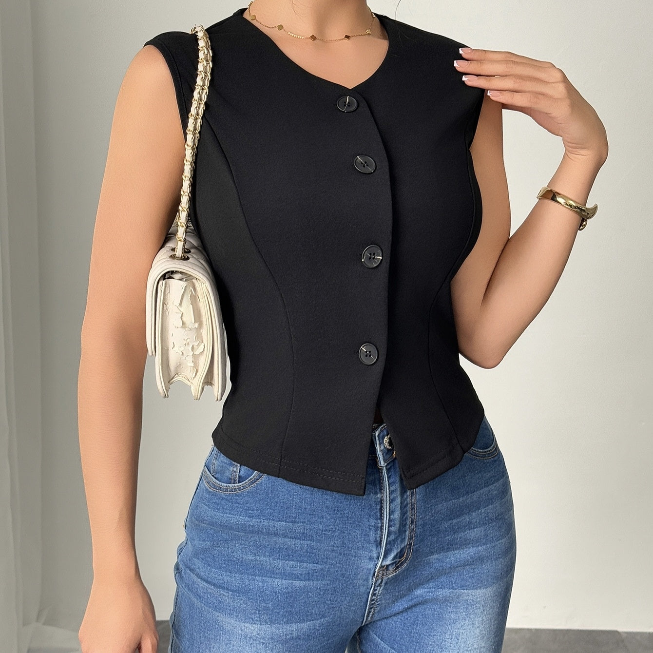Ladies' Fashionable Temperament Sleeveless Front Button Simple Commuting Fashion Versatile Coat Vest
