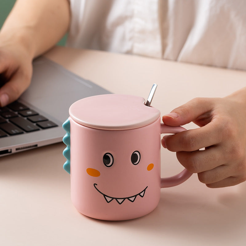 Cute Cartoon Dinosaur Ceramic Cup With Lid Spoon