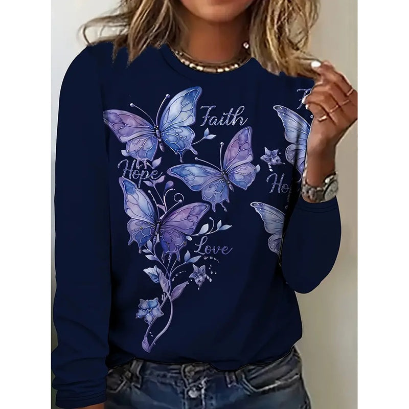 Women Butterfly Print Long Sleeve Shirts Faith-Hope-Love Graphic Tops Casual Loose Fit