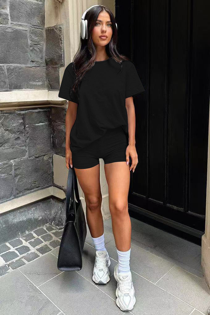 Three Piece Set, Round Neck Short Sleeved Top And Shorts And Pants Set, Sports And Casual Clothing