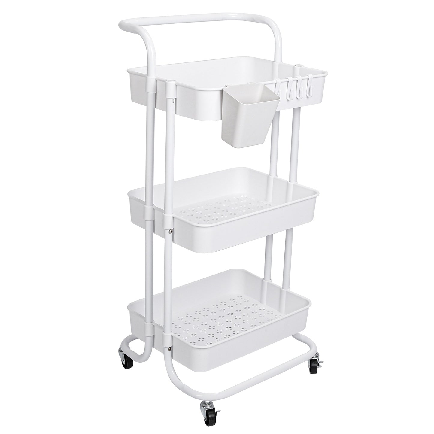 Black-White Color Options 1Pc 3 Tier Rolling Utility Cart Movable Storage Organizer With Mesh Baskets Lockable Wheels 360 Degree Rotatable Hanging Box Hooks Bedroom Bathroom Kitchen
