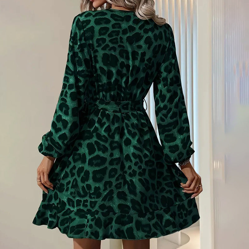 Women's Leopard Print Ruffle Hem Long Sleeve V Neck Belted A Line Dress