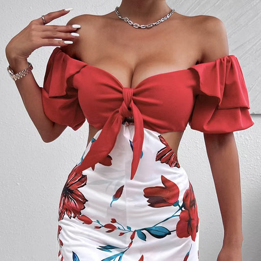 Ladies' Fashionable Casual Floral Print Off Shoulder Knot Decoration Hollow Jumpsuit