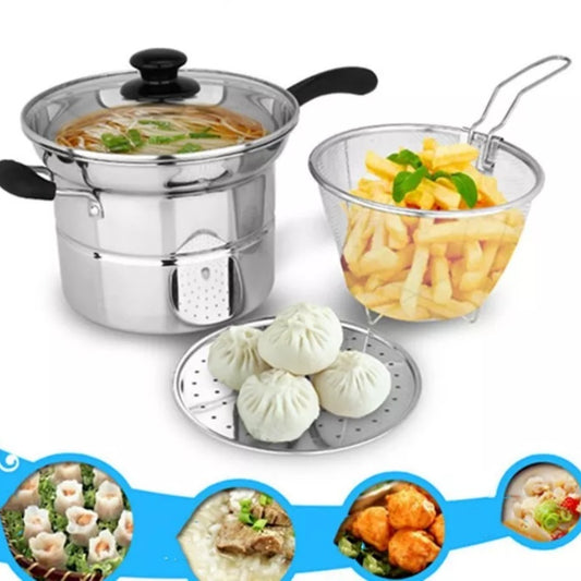 4pcs Non Stick Chip Pan Deep Fat Fryer Cooking Noodle Soup Pot Frying Basket Lid