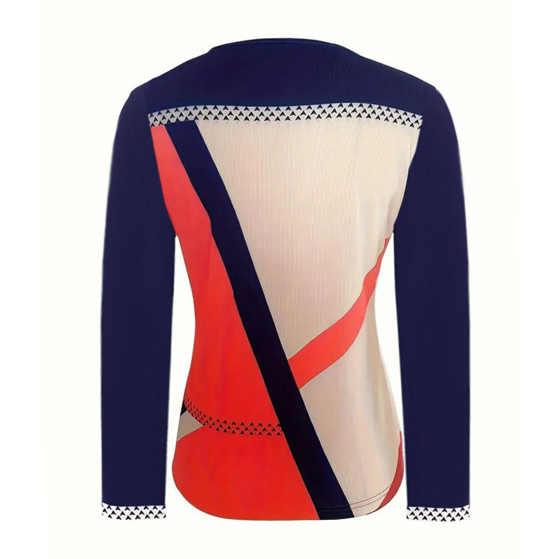 Women's Elegant Color-Block V-Neck Long Sleeve Top With Zip Detail - Spring&Fall Casual & Semi-Formal Blouse