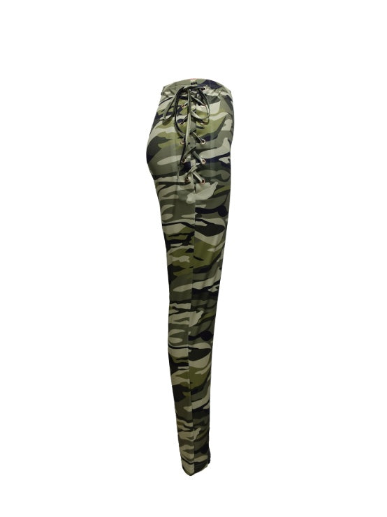 Ladies' Lace Up High Waisted Camouflage Casual Pants