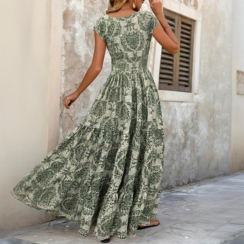 Women's Sexy V-Neck Short Sleeve Maxi Dress Summer Prints And Flowy Big Hem Beach Dresses