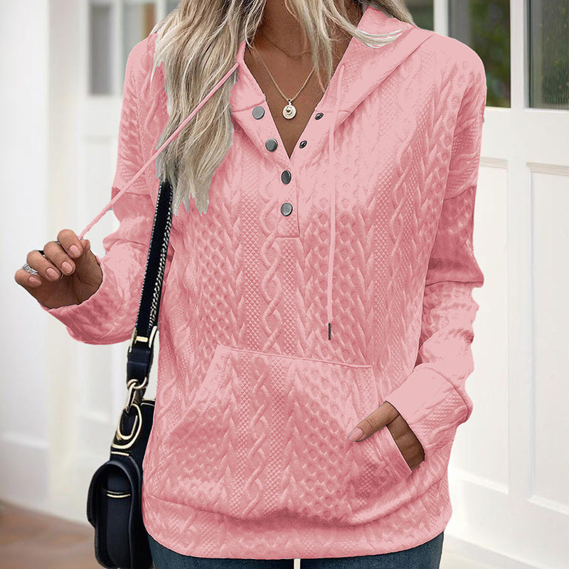 Women's V-Neck Solid Textured Long Sleeve Hoodie With Button Front & Kangaroo Pocket - Drawstring Hood Casual Pullover
