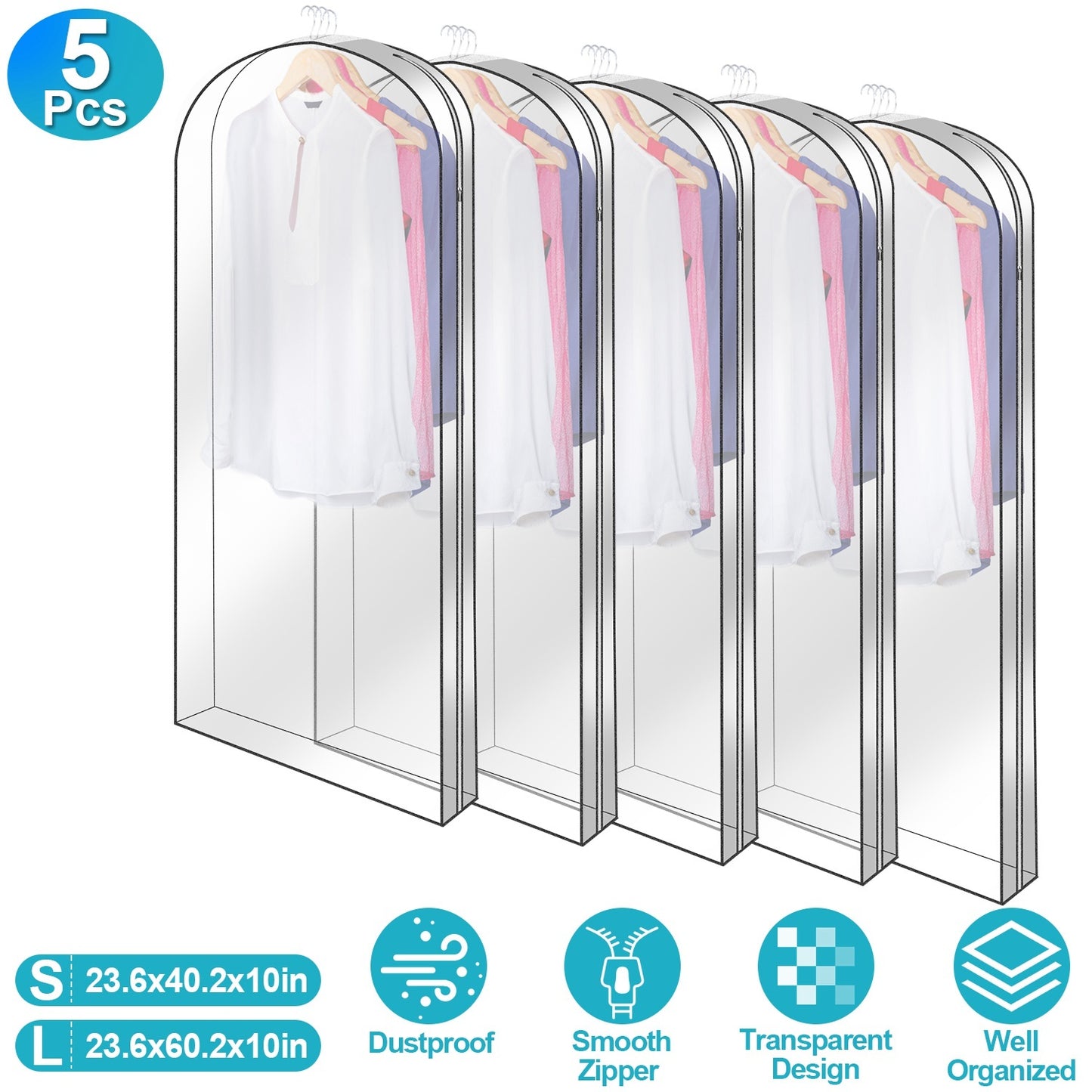5 Pack 60In OR 40In Options Garment Bag For Hanging Clothes Dustproof Waterproof Hanging Clothes Storage Bag Clear Transparent Suits Cover For Sweater Jacket Coat Dress Shirt