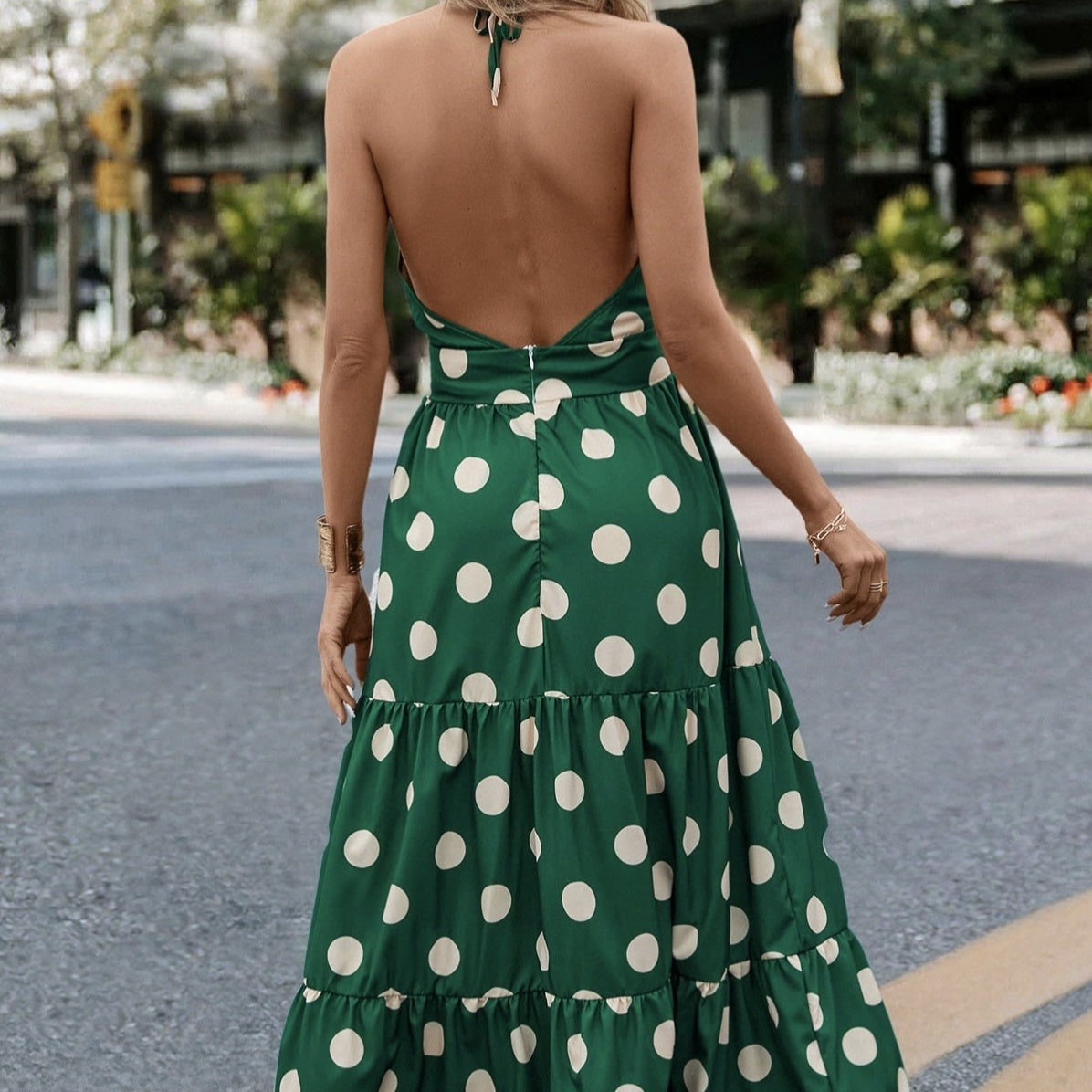 Ladies' Solid Color Summer Fashion Ear Edge A Pendant Shoulder Hanging Neck Detail Dot Printed Dress