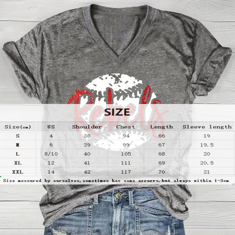Women's V-Neck Baseball & 'REBEL' Print Tee - Edgy Summer Top