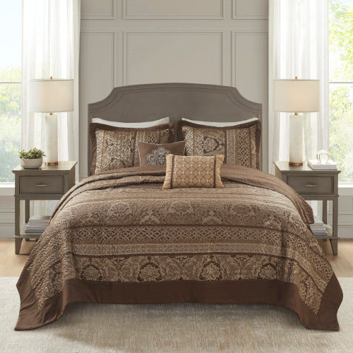 5 Piece Reversible Jacquard Bedspread Set Brown Gold Queen