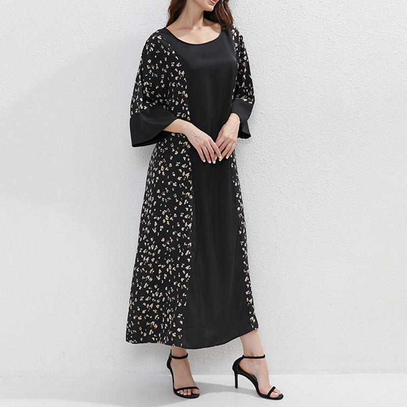 Women's Plus Size Floral Print Tunic Dress With Belt, Middle Eastern Style Muslim Long Dress