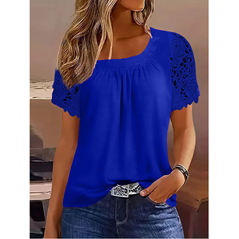 Womens Lace Short Sleeve Crew Neck T Shirts Summer Casual Tops Loose Fit Tees Blouses