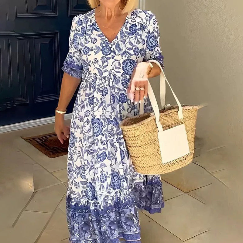 Women's Plus Size V-Neck Floral Print Dress - Loose Fit Casual Spring Summer Dress