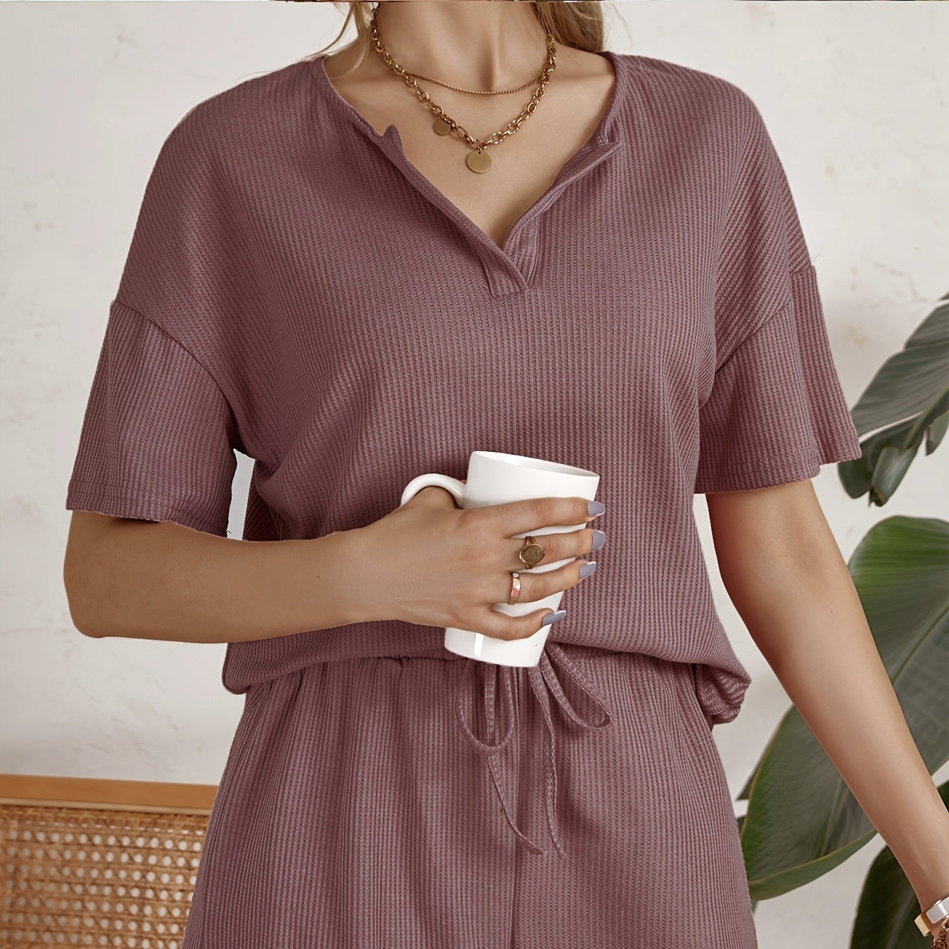 Women's Solid Color V-neck Waffle Fabric Loose Fitting Pullover Top And Waist Drawstring Home Casual Style Shorts Set