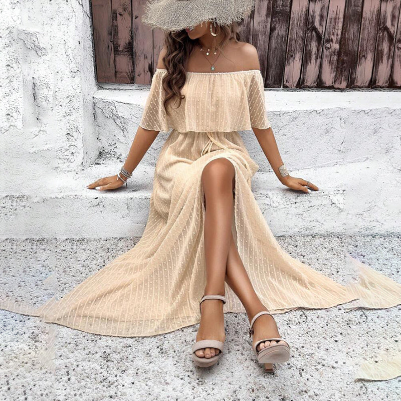 Womens Off The Shoulder Ruffle Party Dresses Side Split Beach Maxi Dress