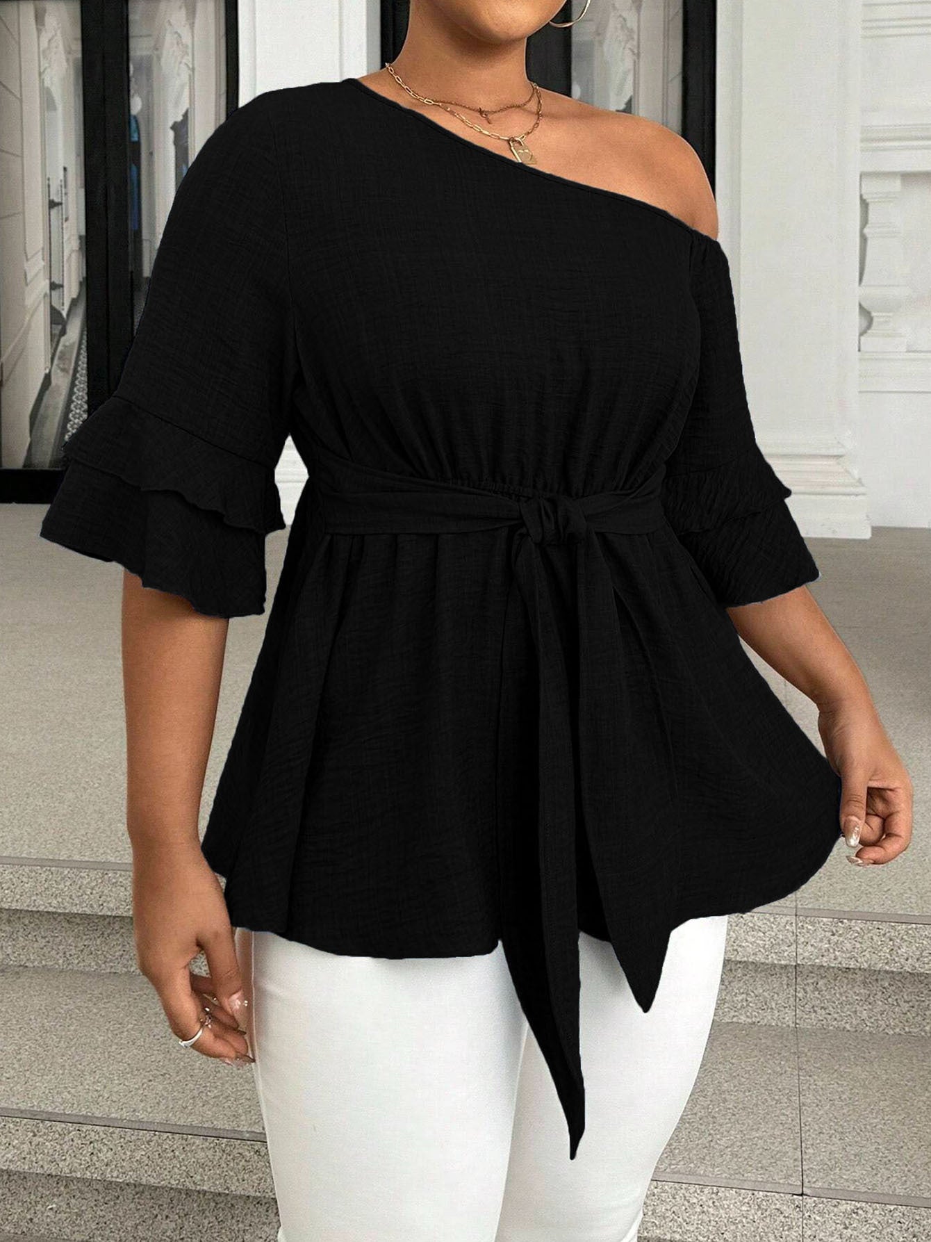 Women's Plus Size Sexy One-Shoulder Blouse - Summer Elegant Party Top With Waist Tie