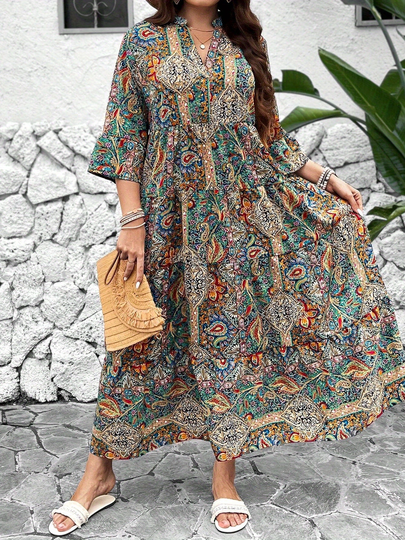 Women's Plus Size V-Neck Printed Party Vacation Midi Dress With Seamless Design