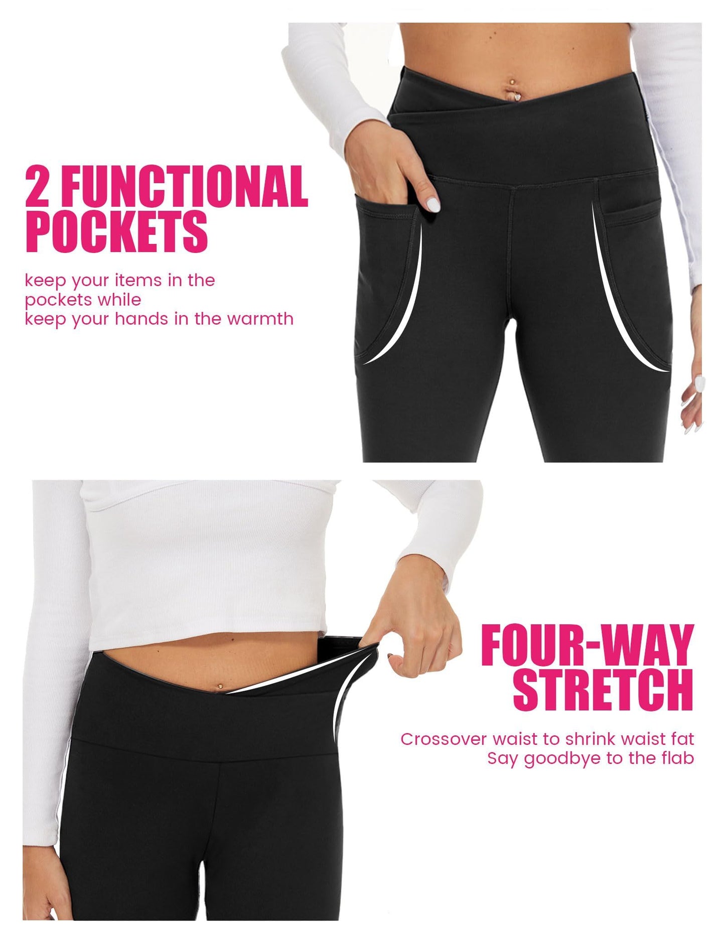Flared Pants - Cropped Crossover Waist Pockets, Polyester Double Mill 2 Strips, Black Dark Gray
