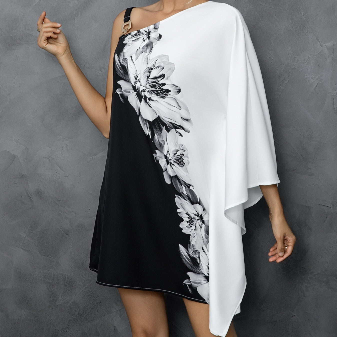 Women's New Floral Print Single Shoulder Off Shoulder Irregular Sleeves Loose Fitting Dress