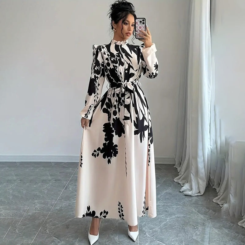 Women's Floral Print Long Sleeve Maxi Dress - Stand Collar A-Line Dress With Waist Detail, Lantern Sleeves & Ruffle Hem For Spring&Fall