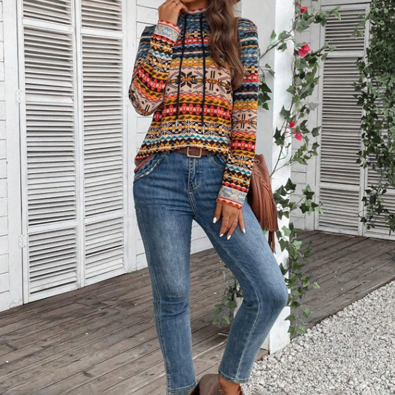 Women's High Neck Geometric Print Long Sleeve Top With Tie Detail - Stylish Casual Blouse For Spring&Fall