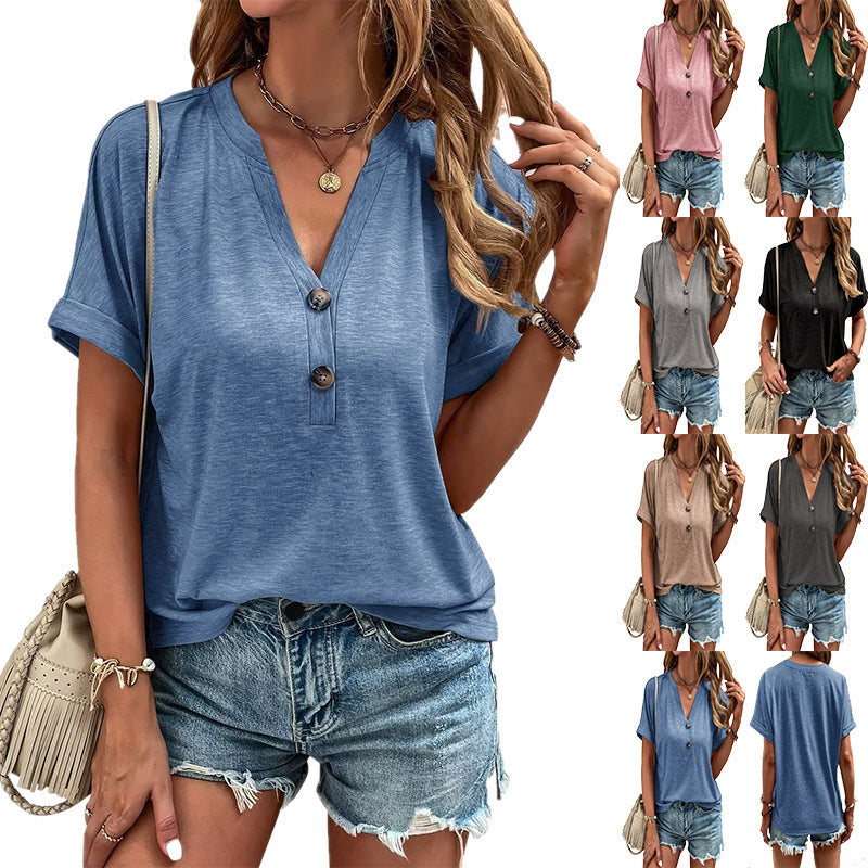 Womens Summer Shirts Short Sleeve Button Down V Neck Business Casual Tunic Tops
