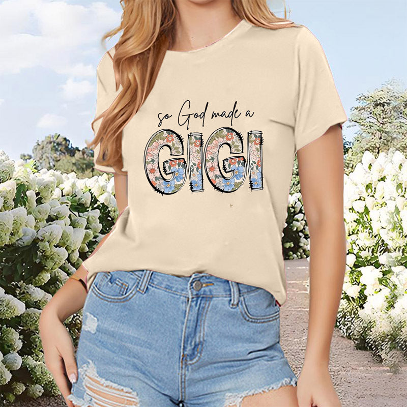 Women's 'GIGI' Floral Letter Print Round Neck Short Sleeve T-Shirt, Casual Summer Top