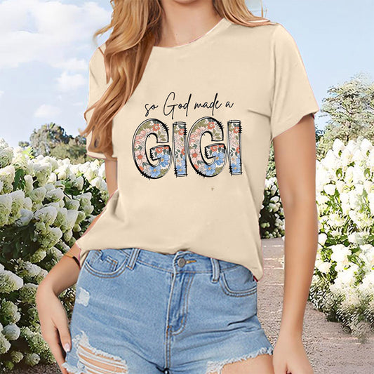 Women's 'GIGI' Floral Letter Print Round Neck Short Sleeve T-Shirt, Casual Summer Top