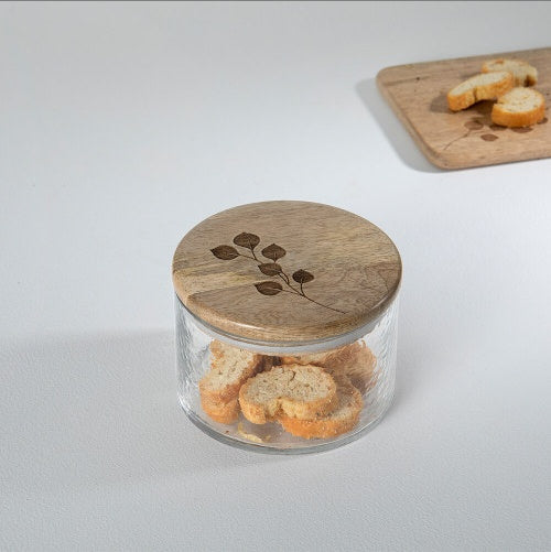 Leaf Branch Glass Jar With Wooden Lid