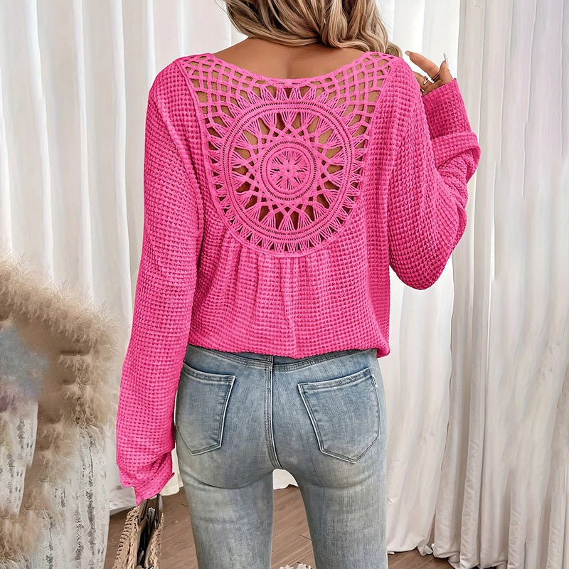 Women's Solid Color V-Neck Long Sleeve Knit Top - Sexy Backless T-Shirt With Sheer Cutout Details, Elegant Blouse For Spring&Summe