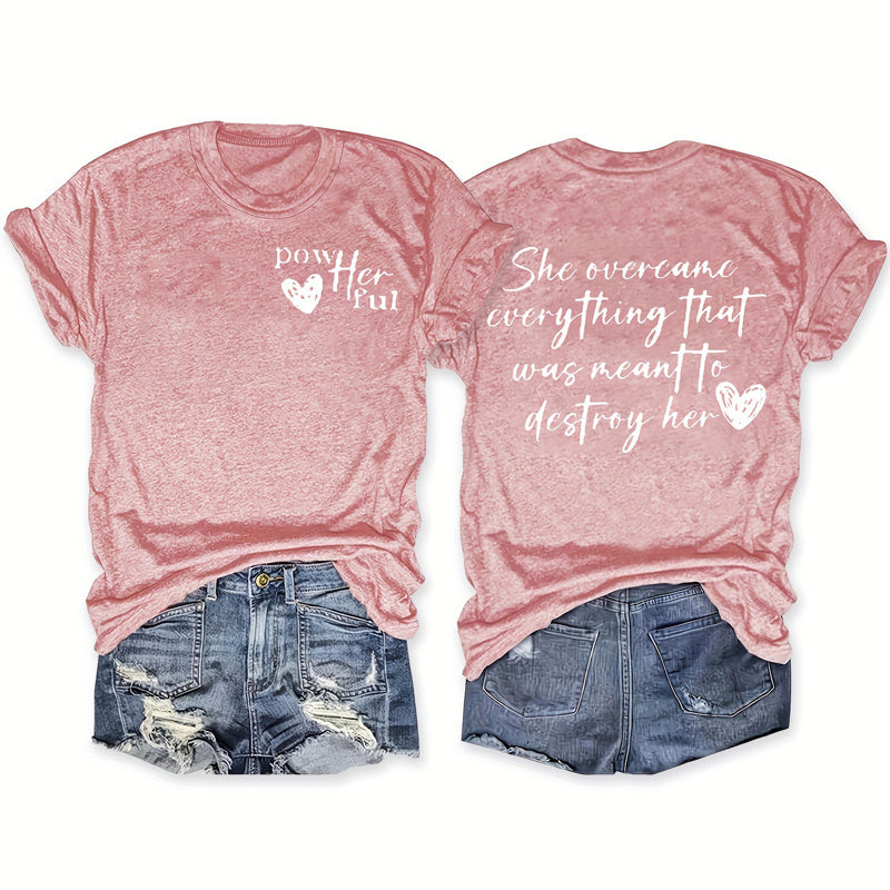 Women's Slogan & Heart Print Round Neck Tee - Casual Summer Essential