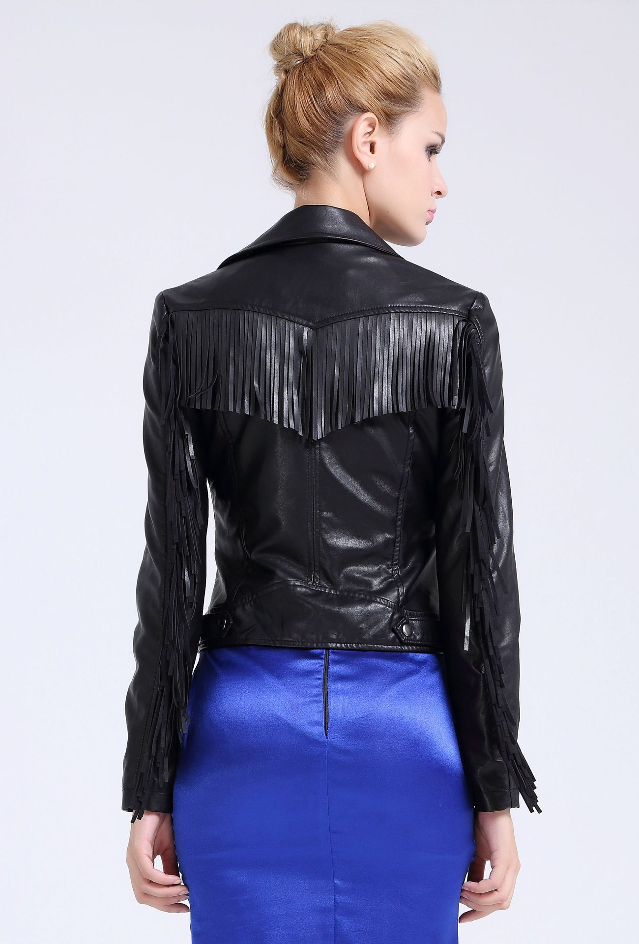 European And American Tassel Oblique Zipper Leather Women's Slim Coat Motorcycle Street
