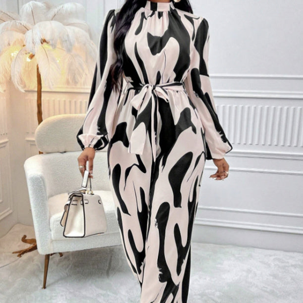 Ladies' Fashionable And Elegant Autumn And Winter Long Sleeved Full Printed Cold Shoulder Lantern Sleeves Jumpsuit With Elegant Orientation