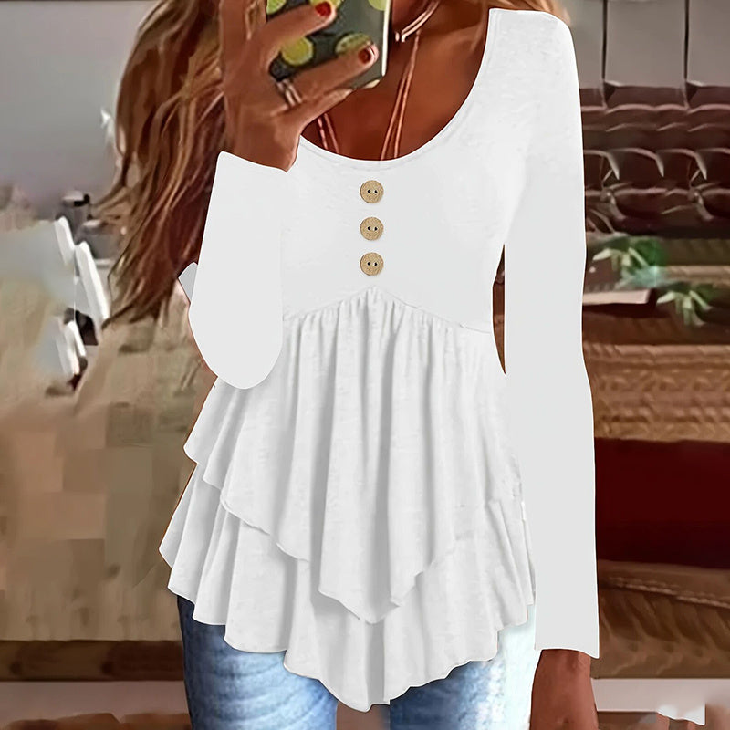 Womens Casual Long Sleeve T-Shirt Solid Color Round Neck Layered Button Front Tunic Tops