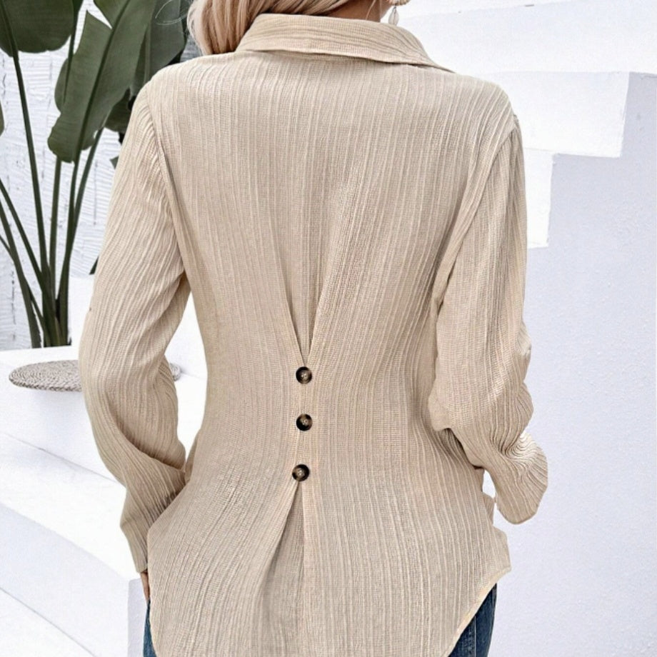 Women's New Solid Color Versatile Lapel Button Detail Casual Simple Long Sleeved Shirt Top