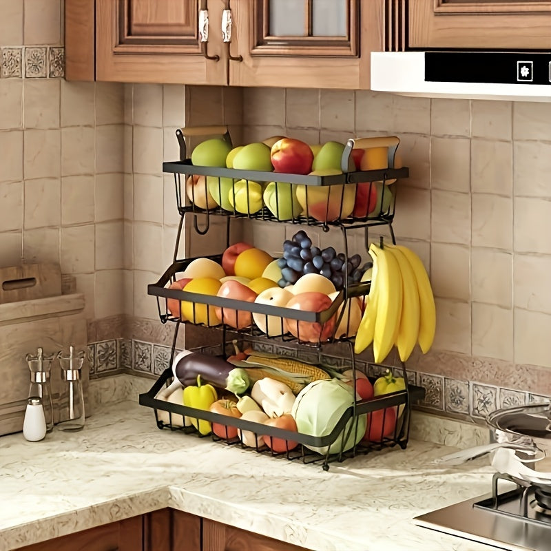 1pc 3-Layer Fruit Basket For Kitchen With 2 Banana Hooks, Suitable For Kitchen, Bread Vegetable Fruit Organizer With Wooden Handle, Large Capacity Rectangular Storage Rack, Black, Suitable For Restaur